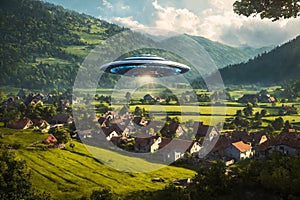 Alien flying saucer over village in green foothill valley. Alien abduction concept.