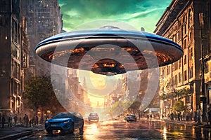 Alien flying saucer on street of big evening city