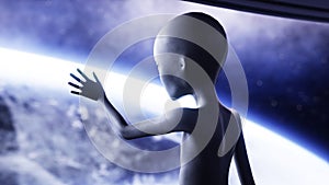 Alien in futuristic room. hand reaching out with Earth planet. UFO futuristic concept. 3d rendering.