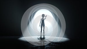 Alien in Futuristic room with round window. Volumetric light. Future ufo concept. 3D Rendering.