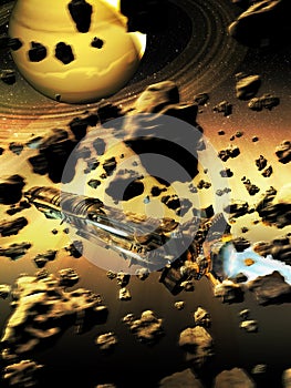 Spaceship crossing an asteroids belt photo