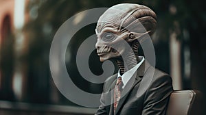 Alien in gray suit, non-human biological creature concept. Generative ai