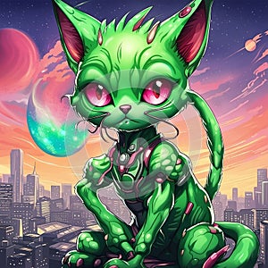 alien green cat, aggressive animal, aliens,