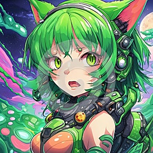 alien green cat girl, aggressive animal, aliens,