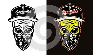 Alien head in baseball cap and bandana on face two styles black on white and colorful on dark background vector