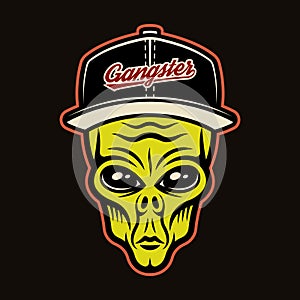 Alien head in baseball cap character colorful vector illustration in cartoon style isolated on dark background