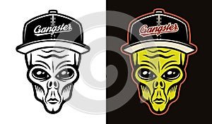 Alien head in baseball cap two styles black on white and colorful on dark background vector illustration