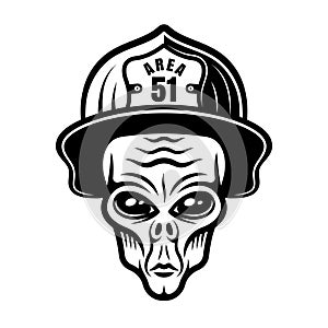 Alien head in firefighter helmet vector illustration in vintage monochrome style isolated on white background