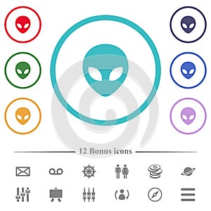 Alien head flat color icons in circle shape outlines
