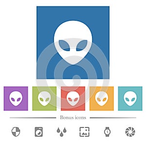 Alien head flat white icons in square backgrounds