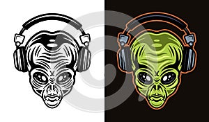 Alien head in headphones set of vector illustration in two styles black on white and colorful on dark background