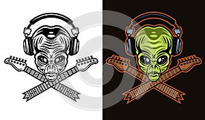 Alien head in headphones and two crossed guitar neck set of vector illustration in two styles black on white and