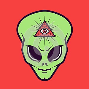 Alien head with a Masonic triangle sign with an eye