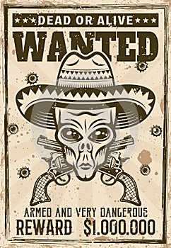 Alien head in mexican sombrero hat  wanted poster