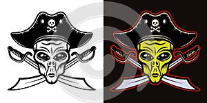 Alien head in pirate hat and two crossed swords vector illustration in two styles black on white and colorful on dark