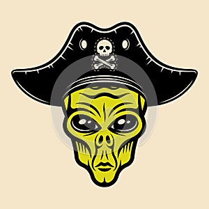 Alien head in pirate hat vector illustration in colorful cartoon style isolated on light background