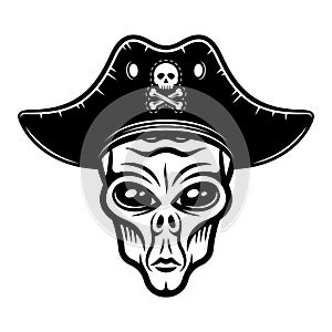 Alien head in pirate hat vector illustration in monochrome vintage style isolated on white background