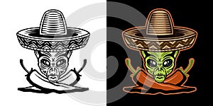 Alien head in sombrero hat and chili peppers vector illustration in two styles black on white and colorful on dark