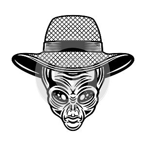 Alien head in straw farmer hat vector illustration in vintage monochrome style isolated on white background