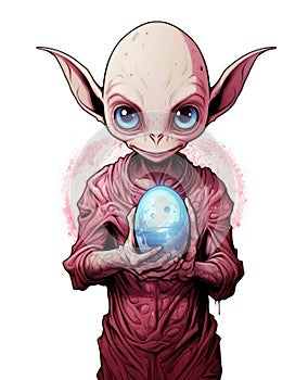 The alien is holding an Easter egg. Cartoon sci-fi character