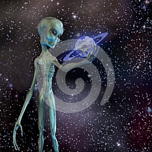 Alien holding ringed planet