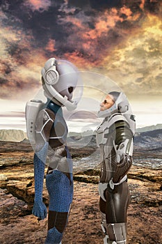 Alien and human astronauts encounter photo