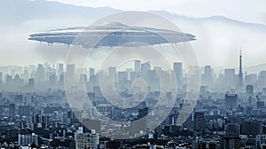 Alien invasion. An alien spaceship hovered over a densely populated city.