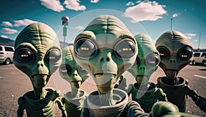 Alien Invasion. Selfie: Group of Area 51 Extraterrestrials in a Fun Pose. Generative ai illustration
