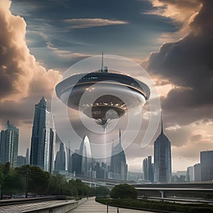Alien invasion, Terrifying scene of alien spacecraft descending upon a city skyline as panicked crowds flee in terror5