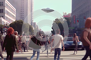 Alien invasion UFO panic among people. Flying saucer in the city