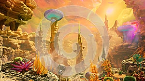 an alien landscape bathed in the light of a distant