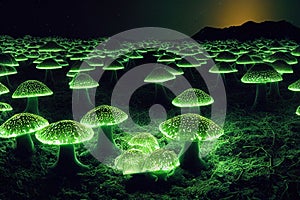 Alien landscape bio-luminescent mushrooms glowing brightly in the darkness