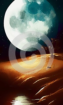 Alien landscape with a full moon in retro scifi style