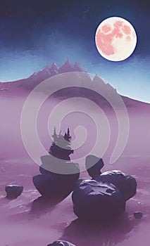 Alien landscape with a full moon in retro scifi style