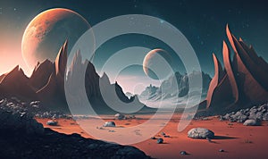 an alien landscape with mountains, rocks, and planets in the background