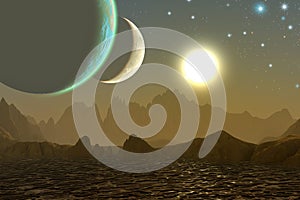 Alien landscape, Planetary system with two moons, mountains and Sea with sun, 3d illustration