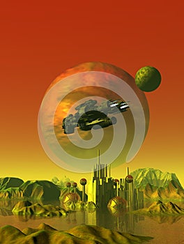 Alien landscape, spaceship exploring a planet with sea, space base and mountains, 3d rendering