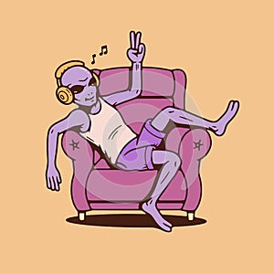 ALIEN LISTENS TO MUSIC SITTING IN A CHAIR COLOR