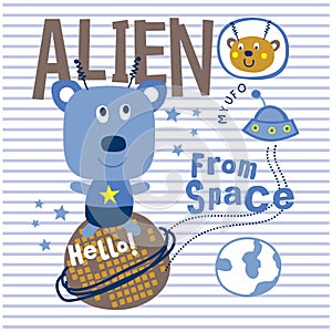 Alien and little ufo funny animal cartoon,vector illustration