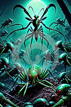 Alien Mantis horror, spooky, terror above a pile of corpses
