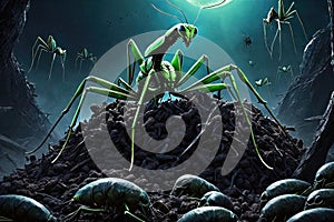 Alien Mantis horror, spooky, terror above a pile of corpses