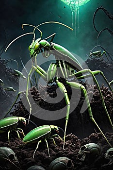 Alien Mantis horror, spooky, terror above a pile of corpses