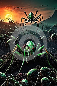 Alien Mantis horror, spooky, terror above a pile of corpses