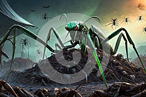 Alien Mantis horror, spooky, terror above a pile of corpses