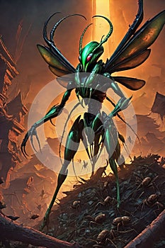 Alien Mantis horror, spooky, terror above a pile of corpses