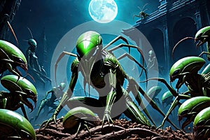 Alien Mantis horror, spooky, terror above a pile of corpses