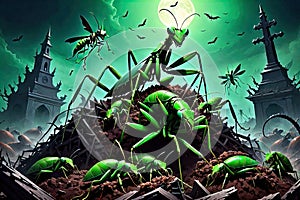 Alien Mantis horror, spooky, terror above a pile of corpses