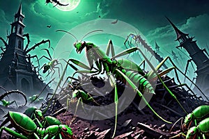 Alien Mantis horror, spooky, terror above a pile of corpses