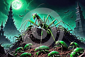 Alien Mantis horror, spooky, terror above a pile of corpses