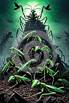 Alien Mantis horror, spooky, terror above a pile of corpses